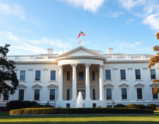 White House exterior on a sunny day, representing US diplomatic stance on Iran