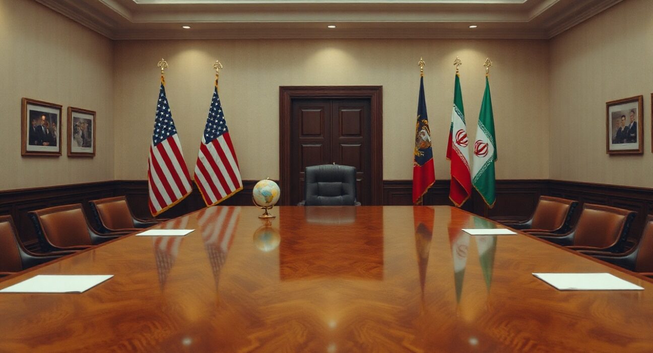 American and Iranian flags in a diplomatic meeting room, representing nuclear negotiations