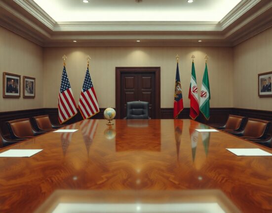 American and Iranian flags in a diplomatic meeting room, representing nuclear negotiations