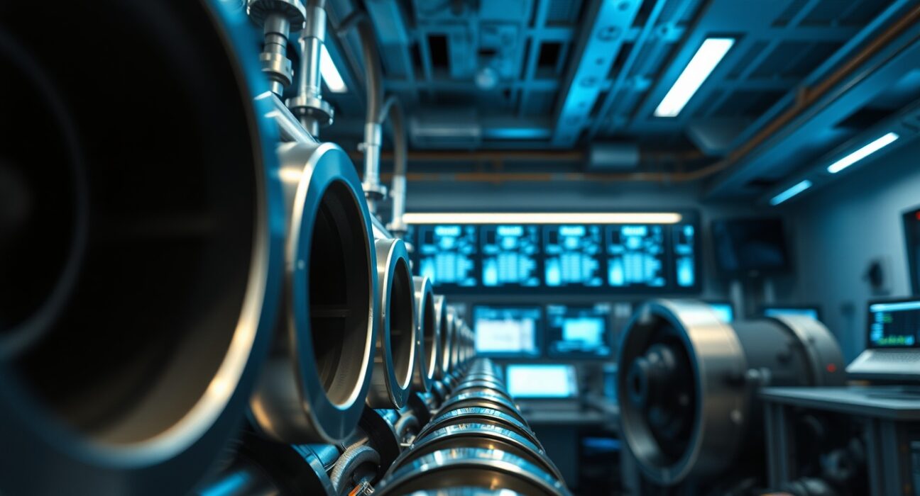 Interior of a uranium enrichment facility with centrifuge machines in a controlled industrial setting
