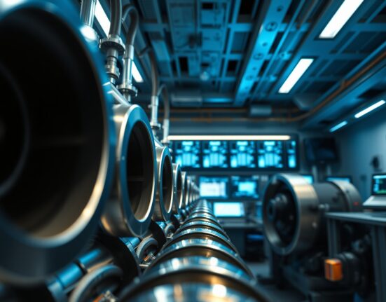 Interior of a uranium enrichment facility with centrifuge machines in a controlled industrial setting