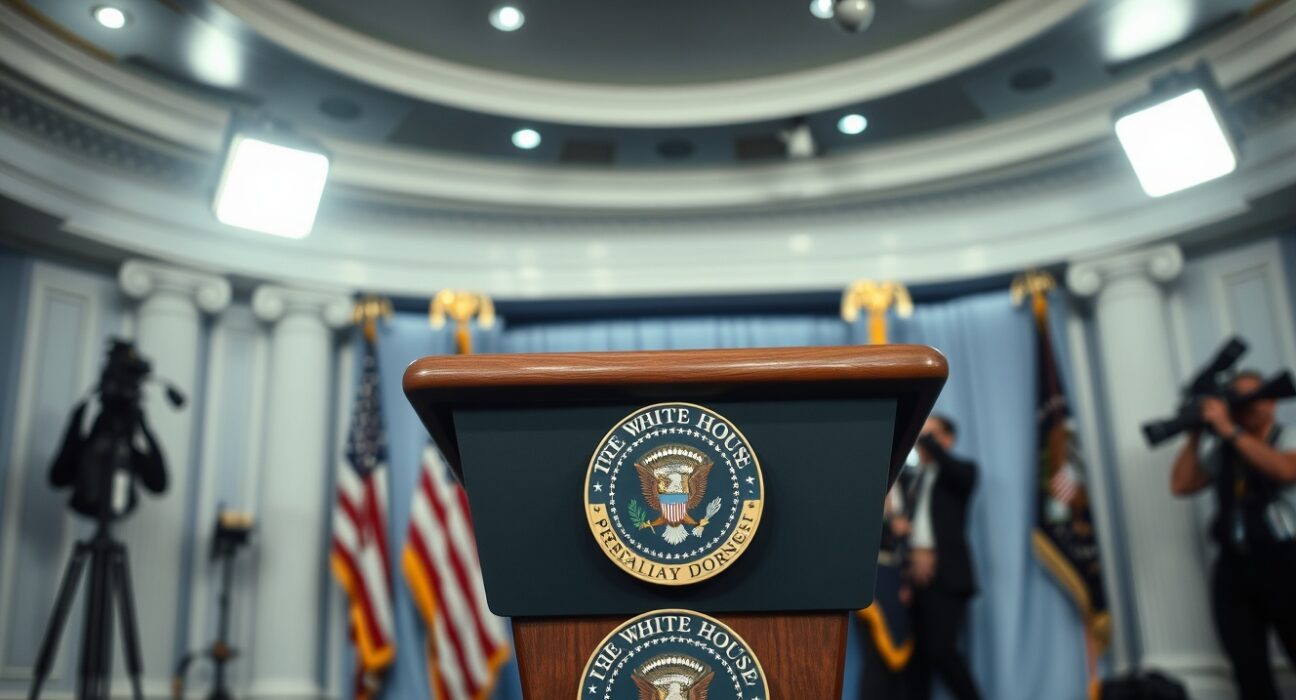 White House press briefing room with presidential podium, representing a news announcement about Iran.