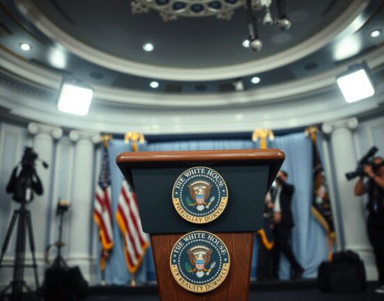 White House press briefing room with presidential podium, representing a news announcement about Iran.