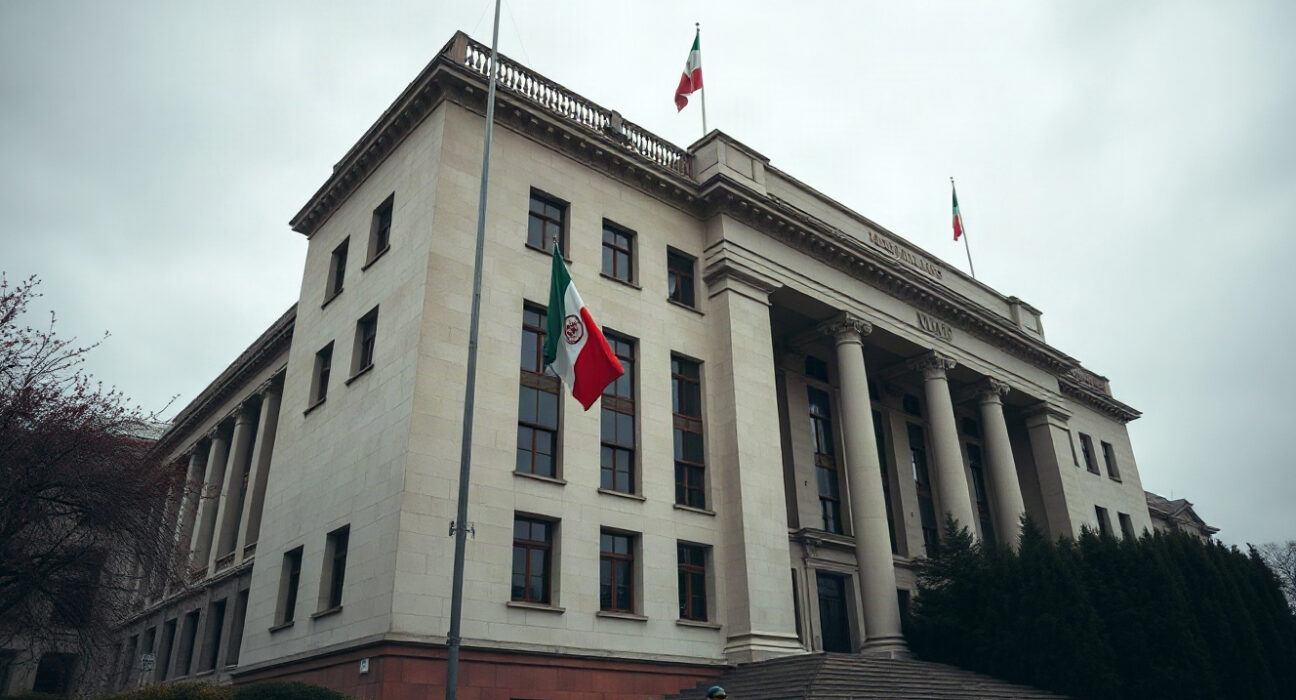Iranian flag flying in front of a government building in Tehran under overcast skies.