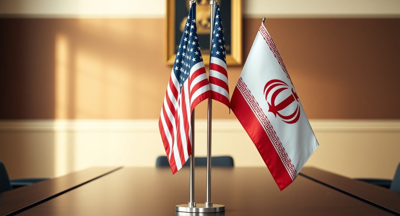 US and Iranian flags on a conference table in a diplomatic setting, representing US-Iran relations