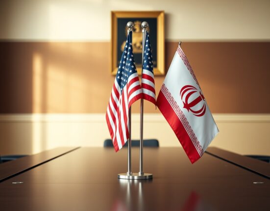 US and Iranian flags on a conference table in a diplomatic setting, representing US-Iran relations