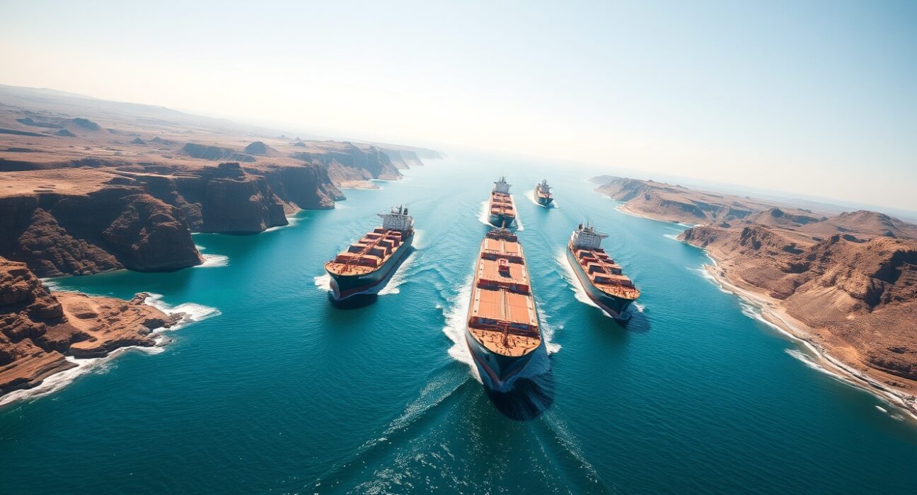 Strategic Strait of Hormuz shipping lane with oil tankers navigating narrow waters amid Trump Iran warning