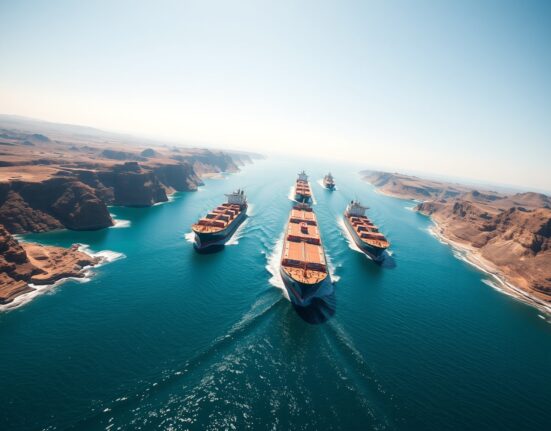 Strategic Strait of Hormuz shipping lane with oil tankers navigating narrow waters amid Trump Iran warning