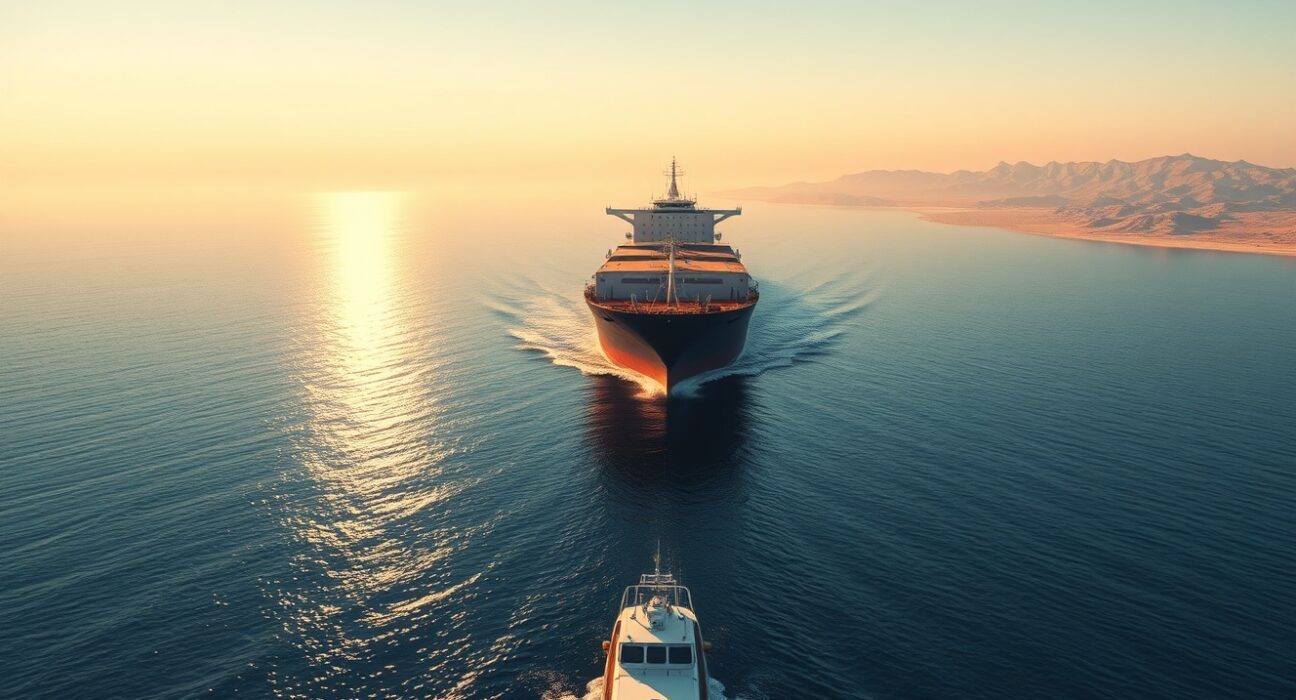 Strait of Hormuz oil tanker and Iranian patrol boat at dawn, representing Iran's stance on keeping the waterway open amid peace efforts.