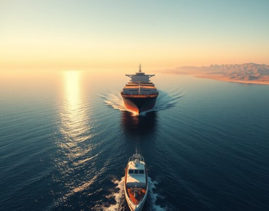 Strait of Hormuz oil tanker and Iranian patrol boat at dawn, representing Iran's stance on keeping the waterway open amid peace efforts.