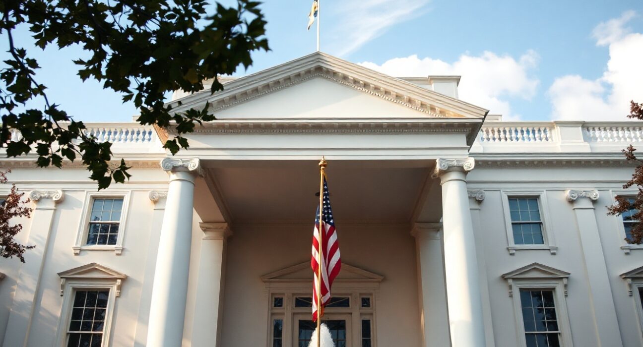 White House exterior with American flag under a clear sky