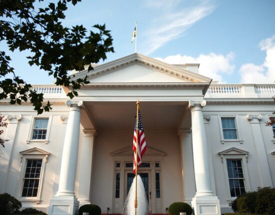 White House exterior with American flag under a clear sky