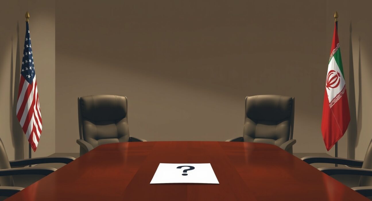 Trump Iran leader uncertainty: Empty negotiation table between US and Iranian flags symbolizing stalled diplomacy