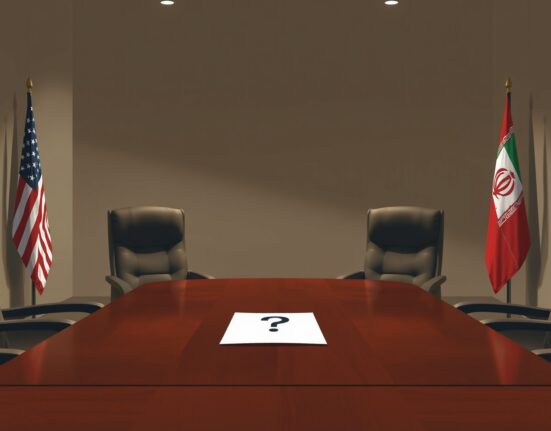 Trump Iran leader uncertainty: Empty negotiation table between US and Iranian flags symbolizing stalled diplomacy