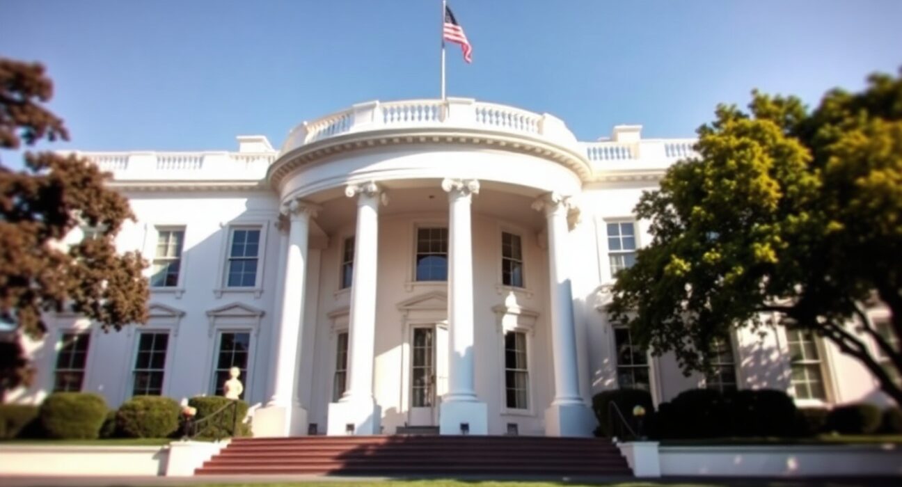 White House entrance on a sunny day, representing US foreign policy on Iran nuclear deal