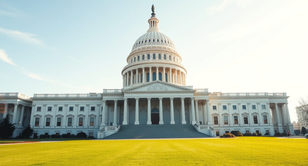 Trump says congressional approval for Iran action not needed, with the U.S. Capitol building symbolizing the separation of powers in focus.
