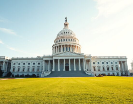 Trump says congressional approval for Iran action not needed, with the U.S. Capitol building symbolizing the separation of powers in focus.