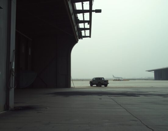 Empty damaged hangar at an Iranian military base, symbolizing diminished air force capacity.