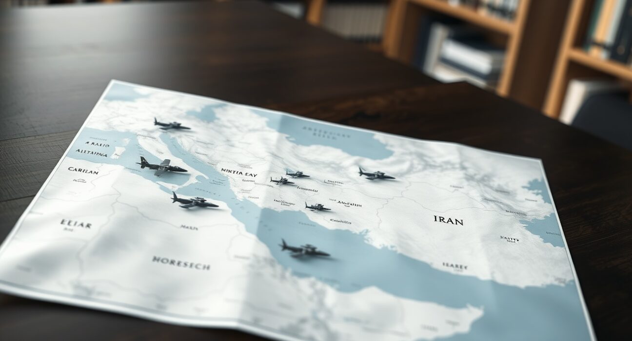 Strategic military map analysis of Trump's deployment against Iran in the Persian Gulf region.