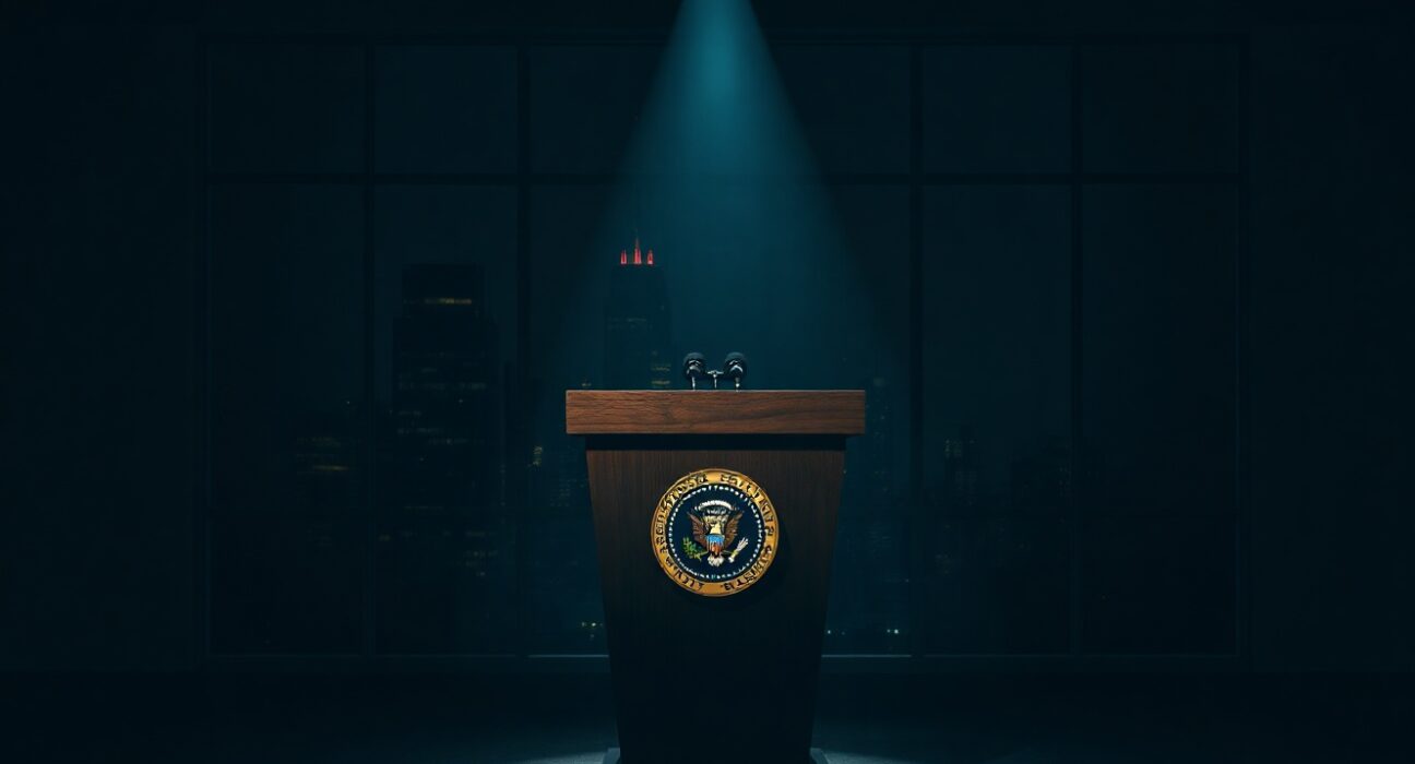 Empty presidential podium in a dim briefing room, symbolizing a geopolitical statement on Iran.