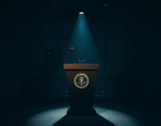 Empty presidential podium in a dim briefing room, symbolizing a geopolitical statement on Iran.