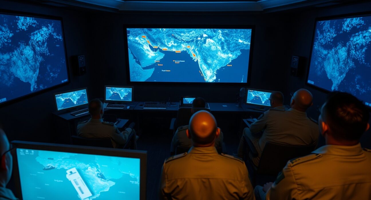 US military command center monitoring Middle East operations with satellite imagery of Strait of Hormuz