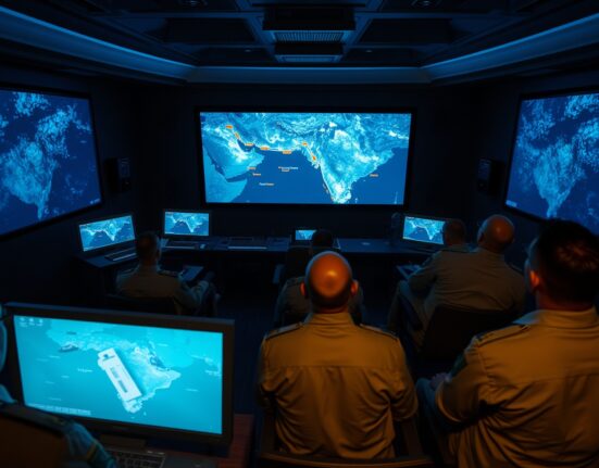 US military command center monitoring Middle East operations with satellite imagery of Strait of Hormuz