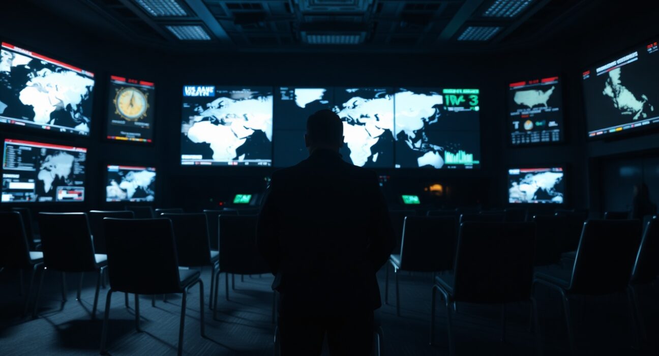 Dimly lit US military command center with glowing screens showing Middle East maps