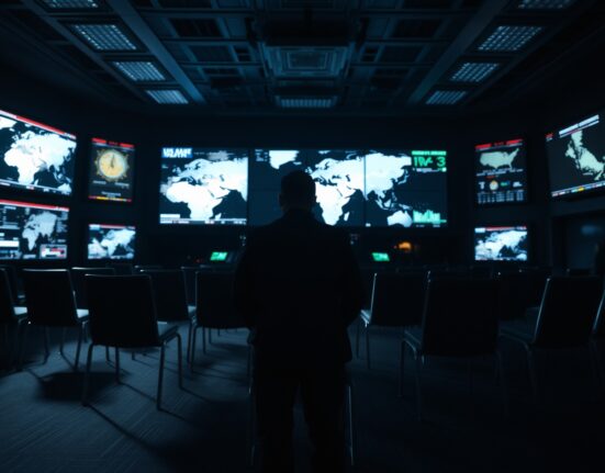 Dimly lit US military command center with glowing screens showing Middle East maps