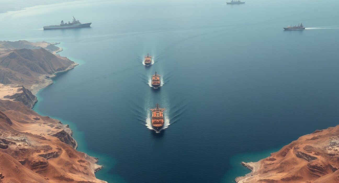 Strategic view of the Strait of Hormuz, a critical global oil chokepoint at the center of US-Iran tensions.