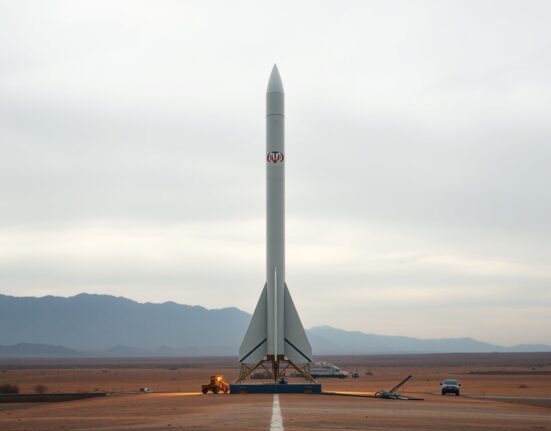 Iranian ballistic missile on launch pad under overcast sky, representing Trump's threat to destroy remaining missiles if nuclear deal fails.