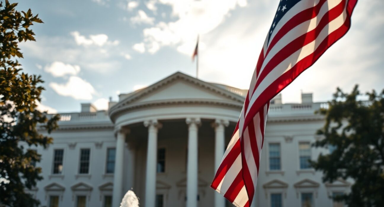 White House with American flag under clear sky, symbolizing US government decisions on Iran policy.