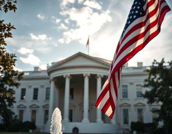 White House with American flag under clear sky, symbolizing US government decisions on Iran policy.