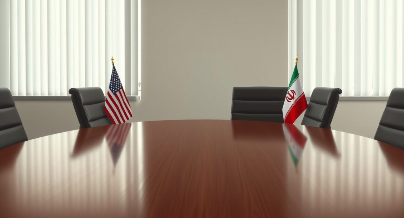Symbolic empty negotiation table with US and Iran flags representing potential April 24 diplomatic talks.