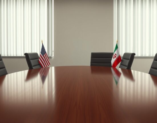 Symbolic empty negotiation table with US and Iran flags representing potential April 24 diplomatic talks.