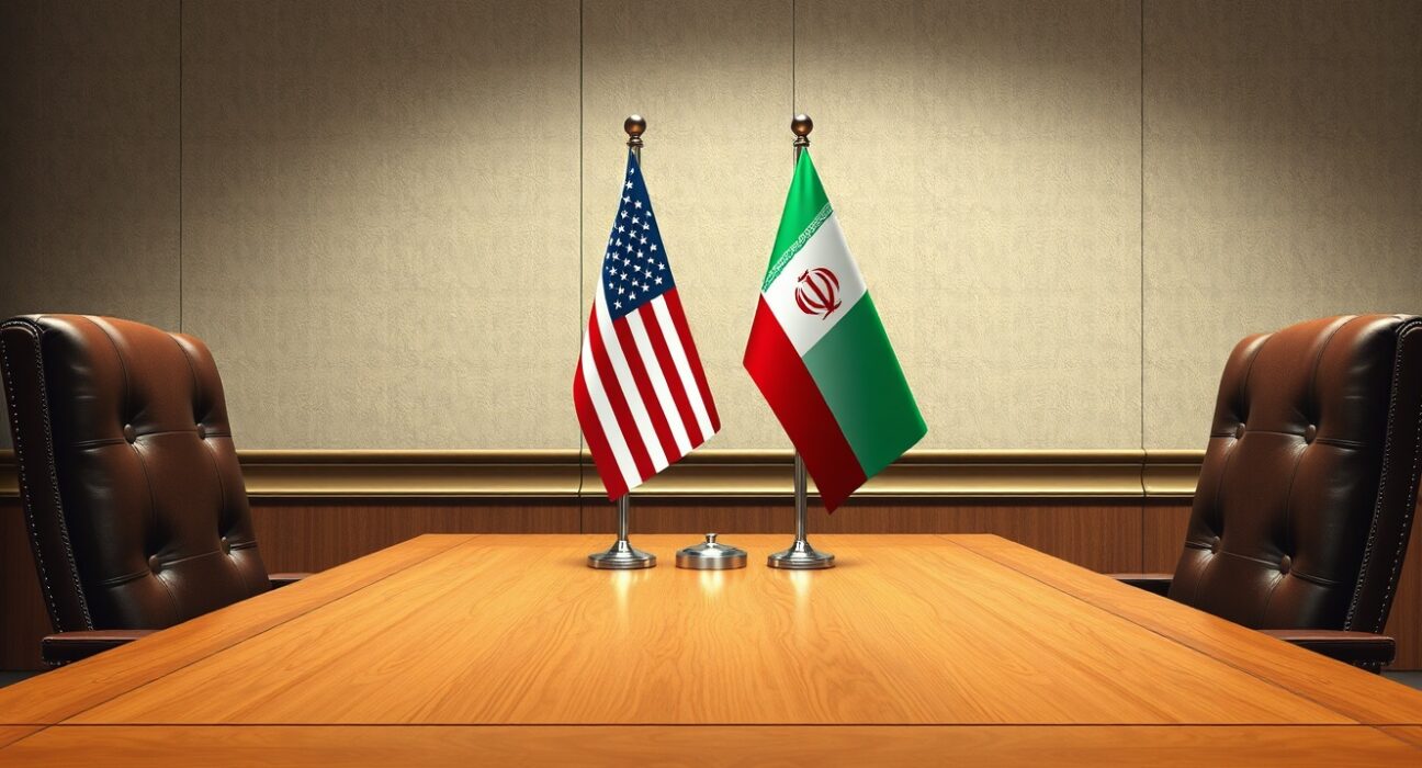 Symbolic scene for potential Trump Iran negotiations with US and Iranian flags on a desk.