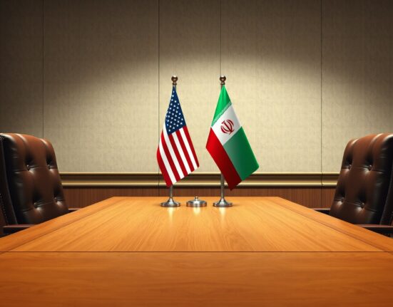 Symbolic scene for potential Trump Iran negotiations with US and Iranian flags on a desk.