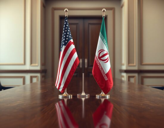 US and Iran flags on diplomatic table symbolizing tense negotiations and potential nuclear deal discussions.