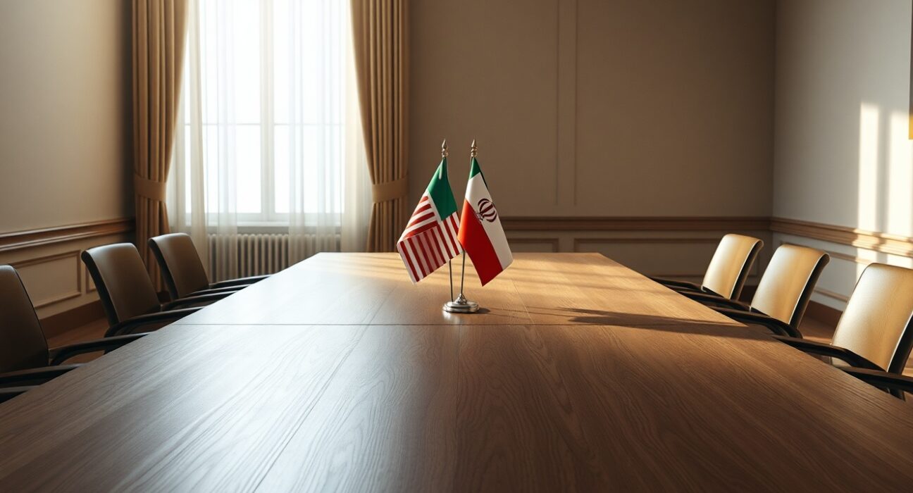 Diplomatic negotiation table with US and Iranian flags, representing ongoing talks