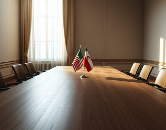 Diplomatic negotiation table with US and Iranian flags, representing ongoing talks