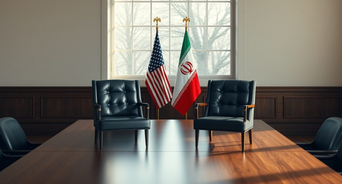 Empty chairs facing each other in a diplomatic meeting room with US and Iranian flags in background