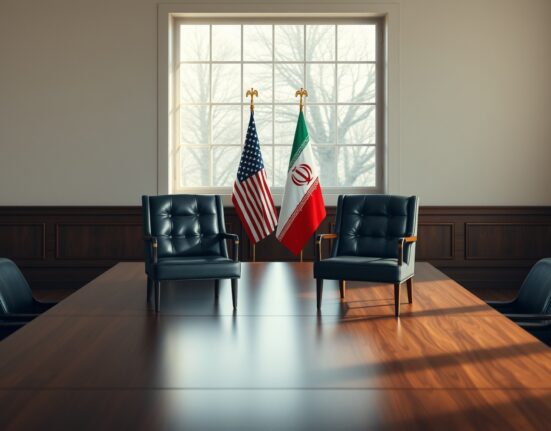 Empty chairs facing each other in a diplomatic meeting room with US and Iranian flags in background