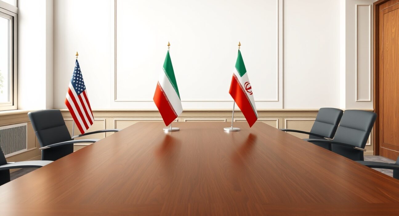 Diplomatic negotiation setting between United States and Iran with national flags representing potential talks
