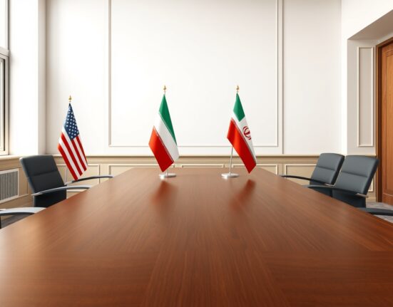 Diplomatic negotiation setting between United States and Iran with national flags representing potential talks