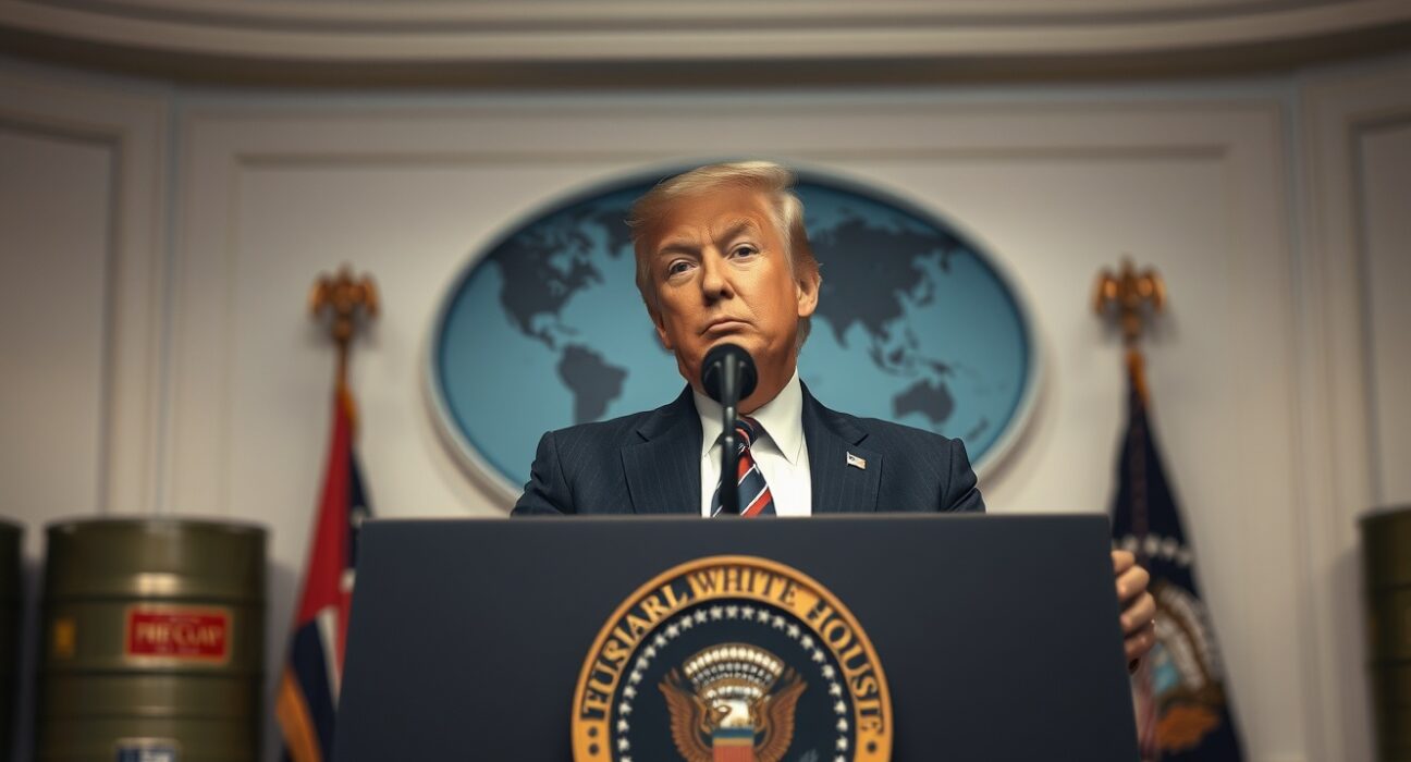 President Trump speaking at a White House podium with oil barrels in the background
