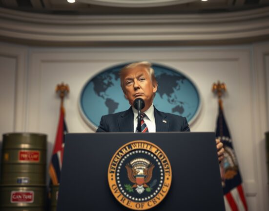 President Trump speaking at a White House podium with oil barrels in the background