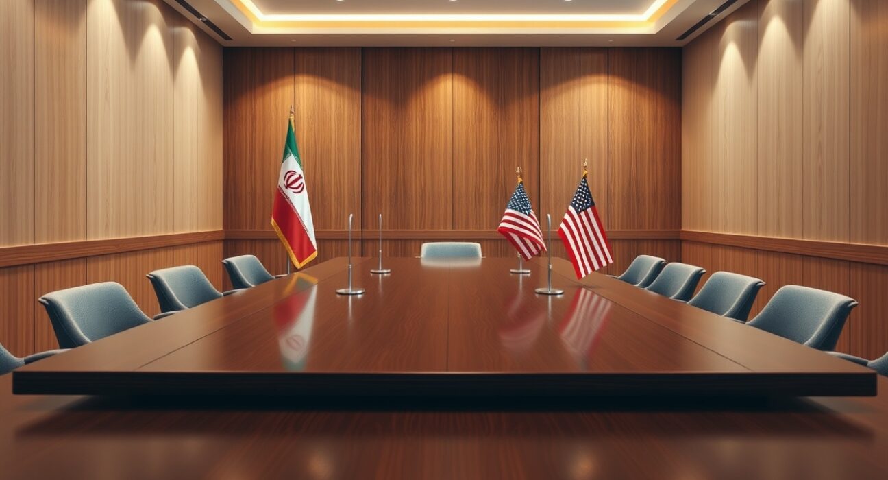 Diplomatic table setup for Trump Iran negotiations in Pakistan with US and Iranian flags