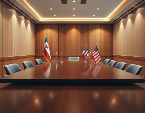 Diplomatic table setup for Trump Iran negotiations in Pakistan with US and Iranian flags