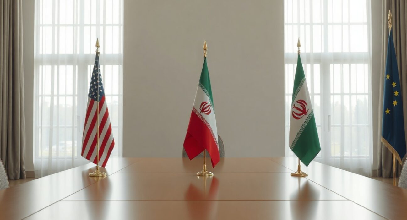 Empty diplomatic negotiation table with US and Iran flags in a formal meeting room
