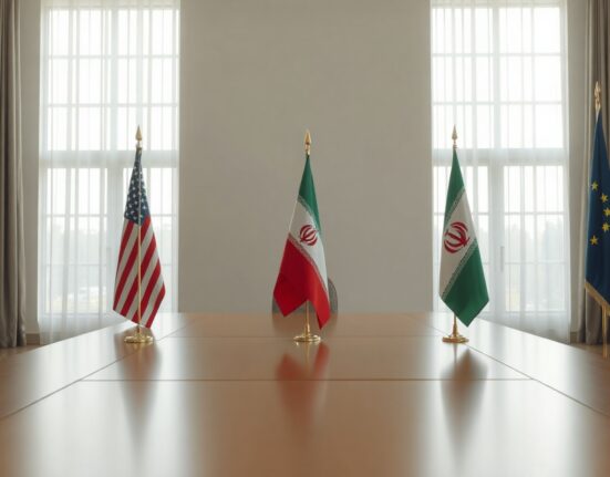 Empty diplomatic negotiation table with US and Iran flags in a formal meeting room